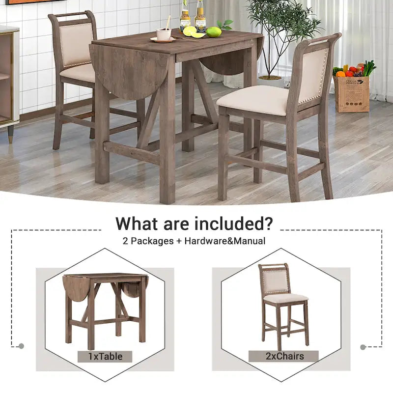 3-Piece Rustic Dining Set with Drop Leaf & 2 Chairs