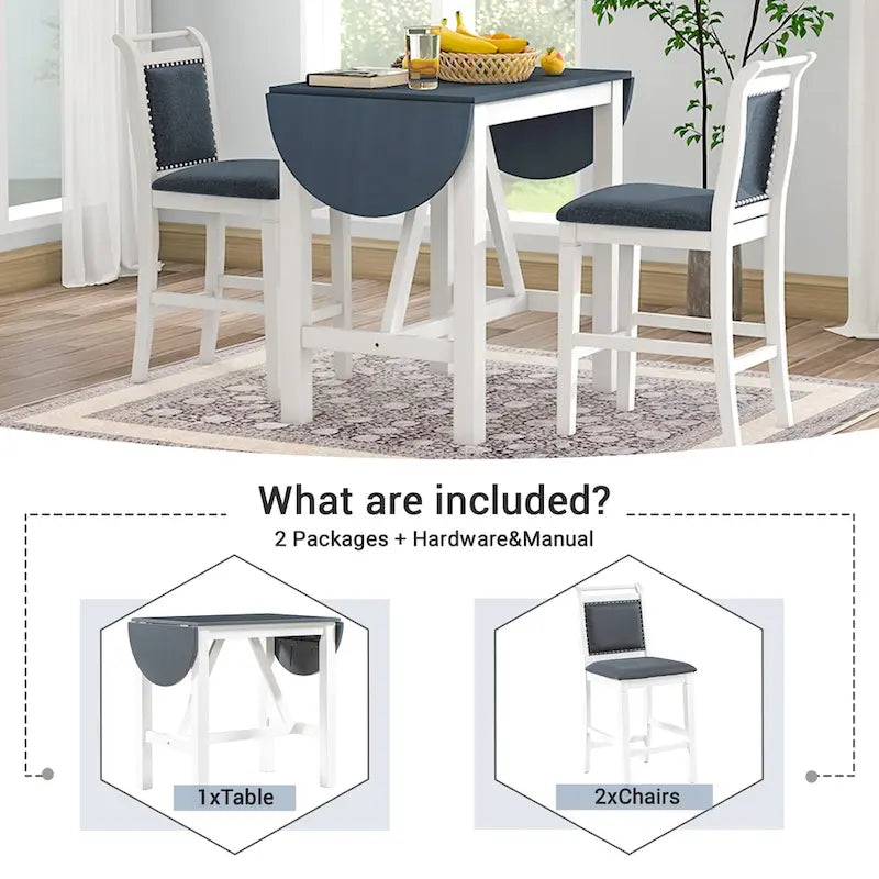 3-Piece Rustic Dining Set with Drop Leaf & 2 Chairs