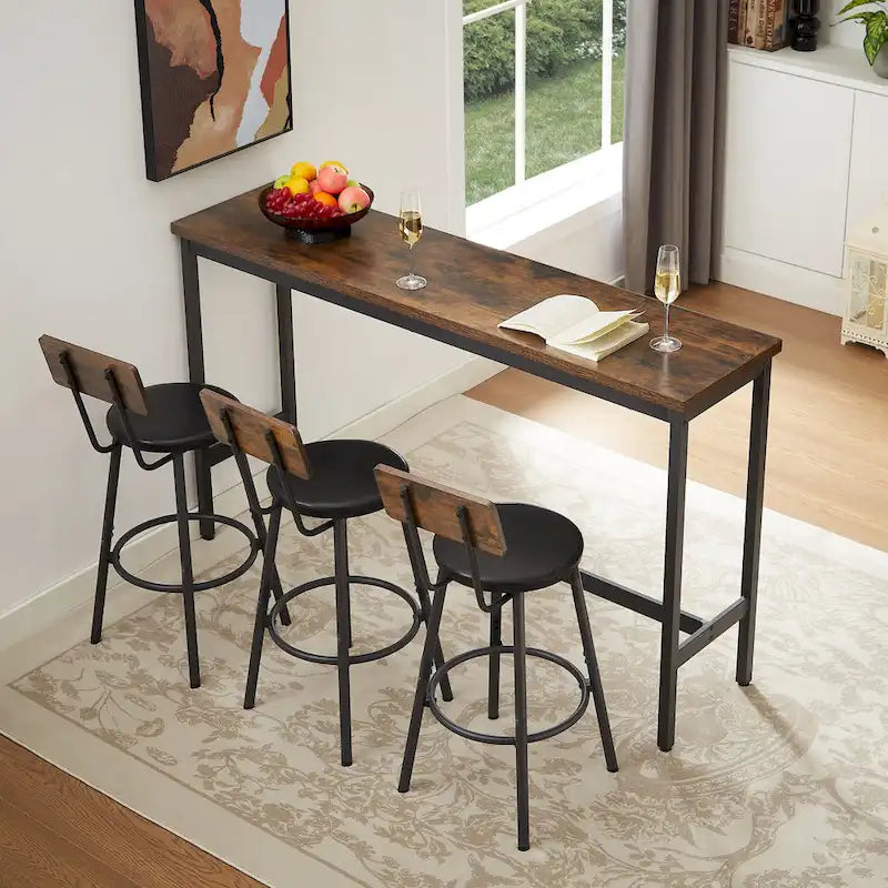 Rustic 4-Piece Dining Set with Rectangular Table & 3 PU Leather Bar Chairs