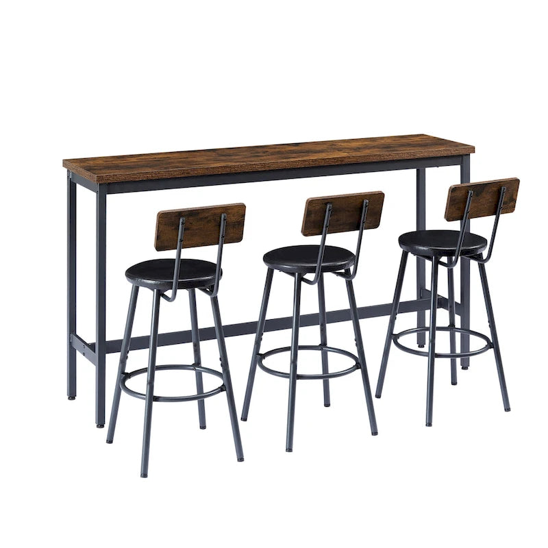 Rustic 4-Piece Dining Set with Rectangular Table & 3 PU Leather Bar Chairs