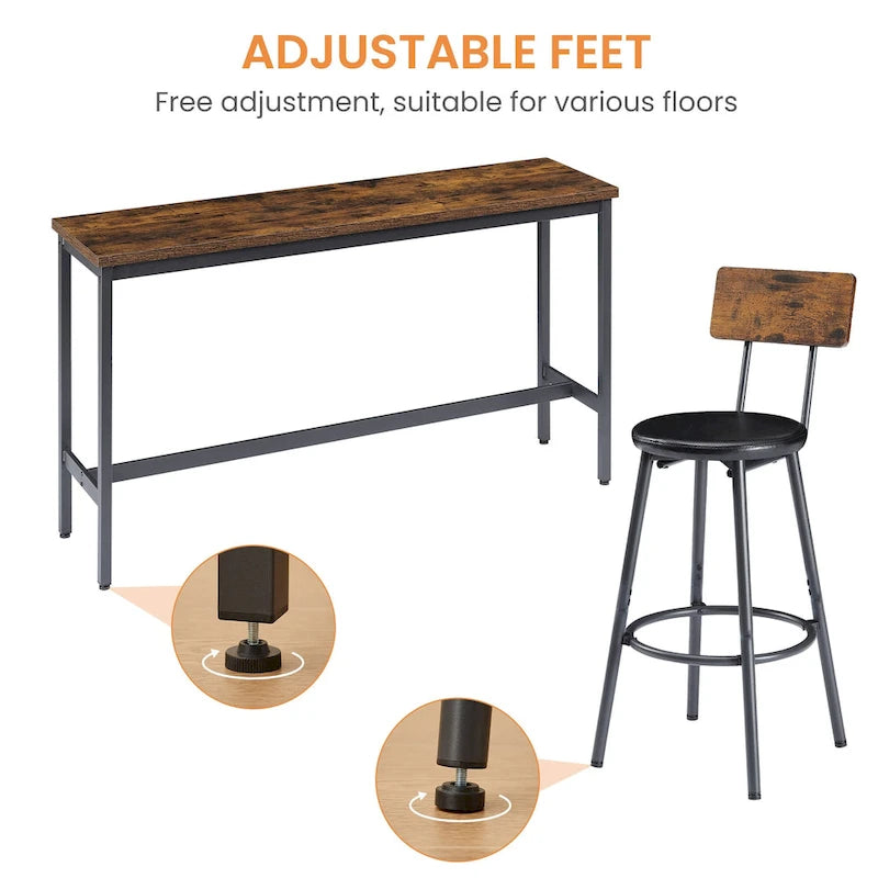Rustic 4-Piece Dining Set with Rectangular Table & 3 PU Leather Bar Chairs