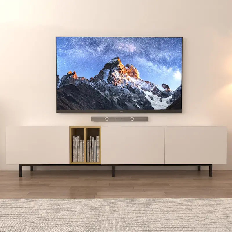 White 77 TV Console with Big Storage & Built-in Socket for TVs Up to 70