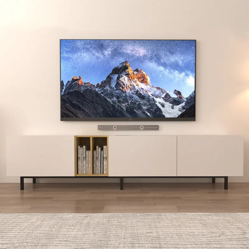 White 77 TV Console with Big Storage & Built-in Socket for TVs Up to 70