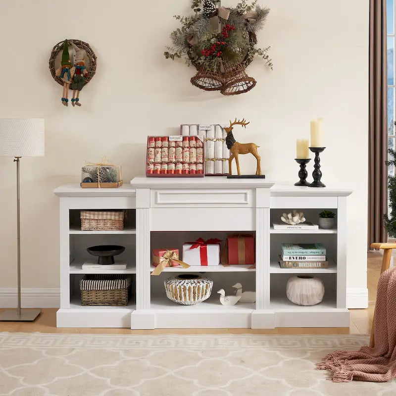 White 66 TV Stand with Large Cabinet & Adjustable Shelves for TVs Up to 65