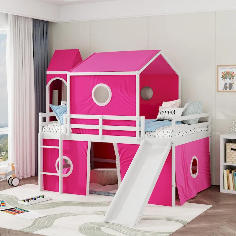 Solid Wood Loft House Bed with Slide Tent, Tower, Ladder, and Fence Baffle for Bedroom