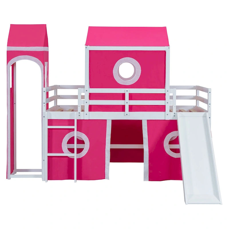 Solid Wood Loft House Bed with Slide Tent, Tower, Ladder, and Fence Baffle for Bedroom