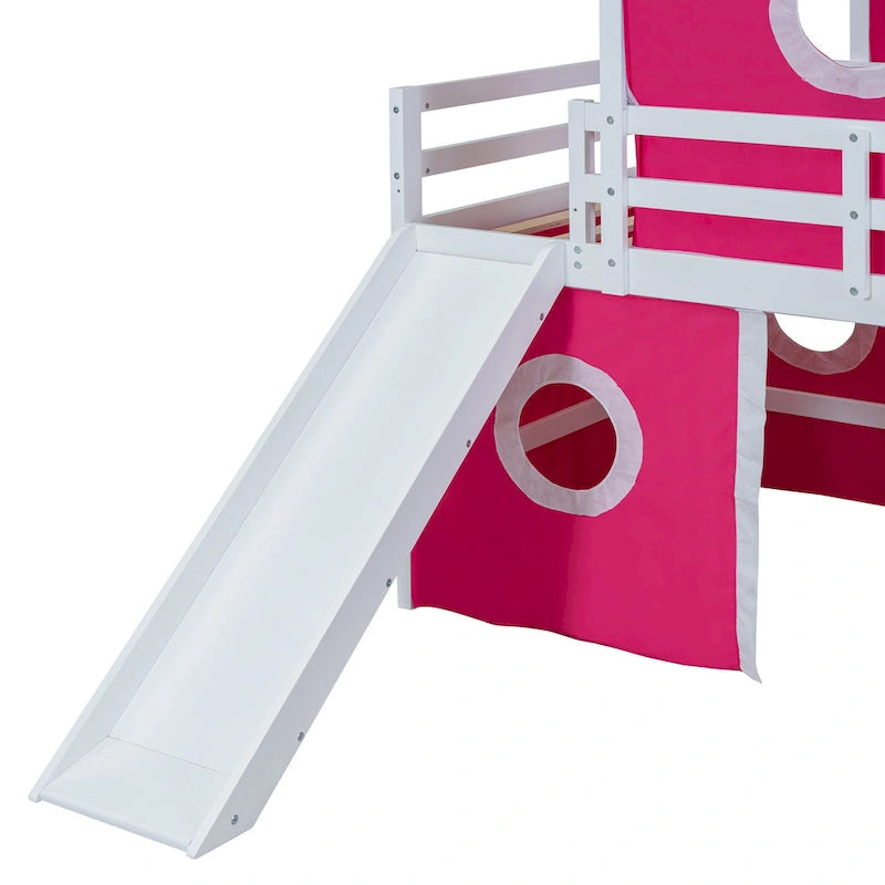 Solid Wood Loft House Bed with Slide Tent, Tower, Ladder, and Fence Baffle for Bedroom