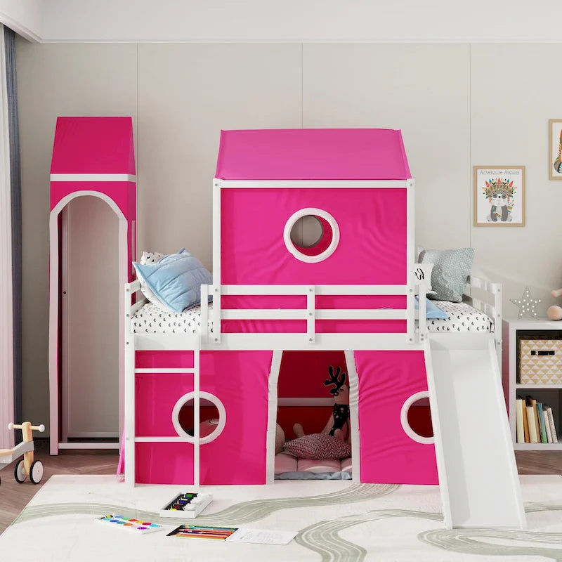 Solid Wood Loft House Bed with Slide Tent, Tower, Ladder, and Fence Baffle for Bedroom