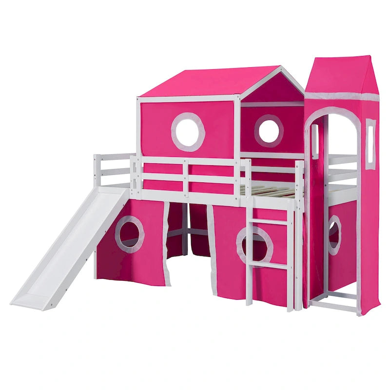 Solid Wood Loft House Bed with Slide Tent, Tower, Ladder, and Fence Baffle for Bedroom