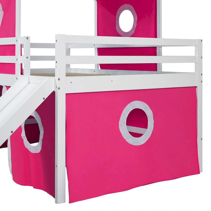 Solid Wood Loft House Bed with Slide Tent, Tower, Ladder, and Fence Baffle for Bedroom