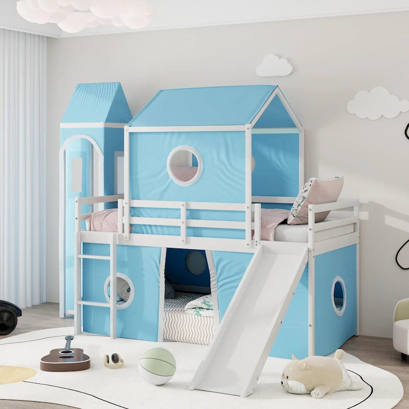 Solid Wood Loft House Bed with Slide Tent, Tower, Ladder, and Fence Baffle for Bedroom