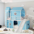 Solid Wood Loft House Bed with Slide Tent, Tower, Ladder, and Fence Baffle for Bedroom
