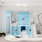 Solid Wood Loft House Bed with Slide Tent, Tower, Ladder, and Fence Baffle for Bedroom