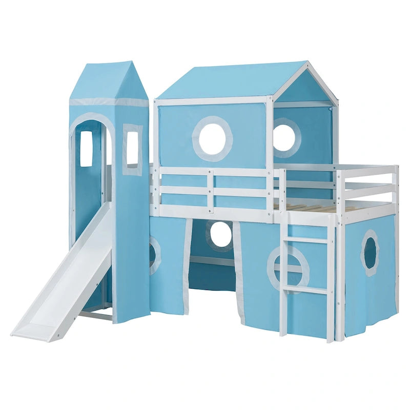 Solid Wood Loft House Bed with Slide Tent, Tower, Ladder, and Fence Baffle for Bedroom