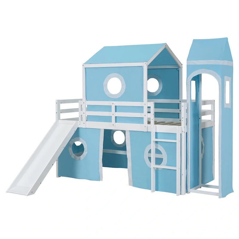 Solid Wood Loft House Bed with Slide Tent, Tower, Ladder, and Fence Baffle for Bedroom
