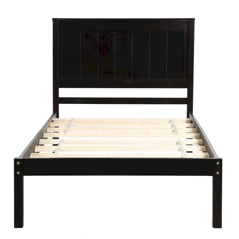 Black Twin Pine Platform Bed Frame with Headboard and Storage - No Box Spring Needed