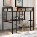 Black Full Size Metal Loft Bed with Long Desk and Shelves for Kids, Boys and Girls