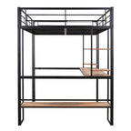 Black Full Size Metal Loft Bed with Long Desk and Shelves for Kids, Boys and Girls