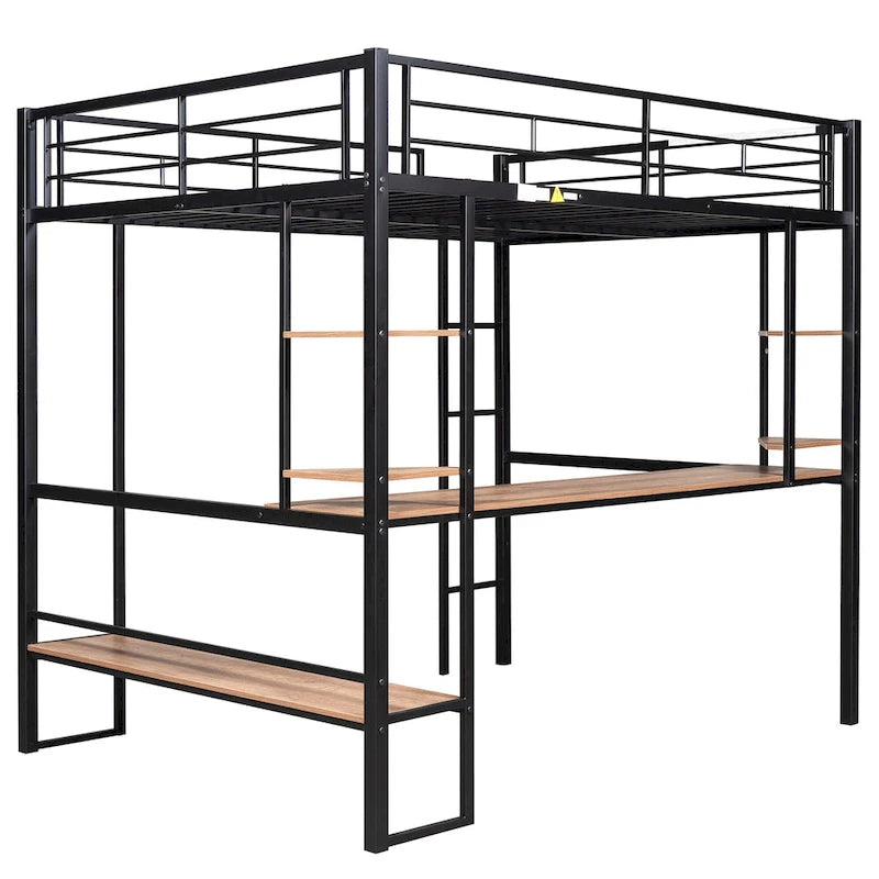 Black Full Size Metal Loft Bed with Long Desk and Shelves for Kids, Boys and Girls