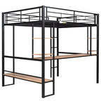 Black Full Size Metal Loft Bed with Long Desk and Shelves for Kids, Boys and Girls