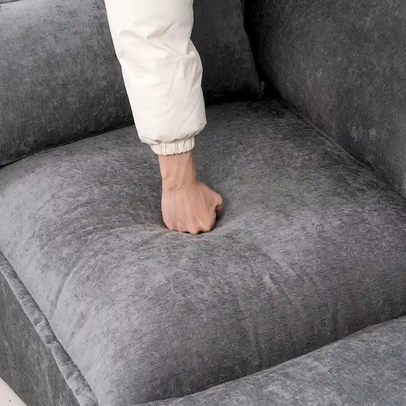 93.31 Faux Linen Modular Sectional Sofa with Movable Ottoman, Solid Wood Frame, and High-Resilience Foam Cushions