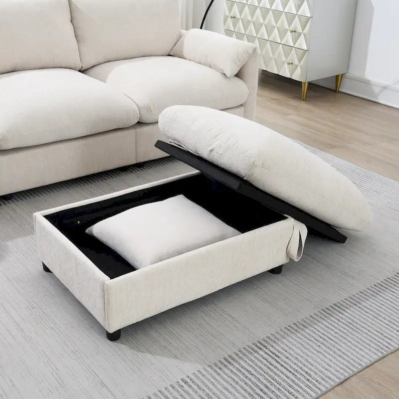 Canapé sectionnel en forme de L en chenille de 96,5 po avec pouf de rangement, support de téléphone réglable, chargeur USB et poches de rangement dans les accoudoirs