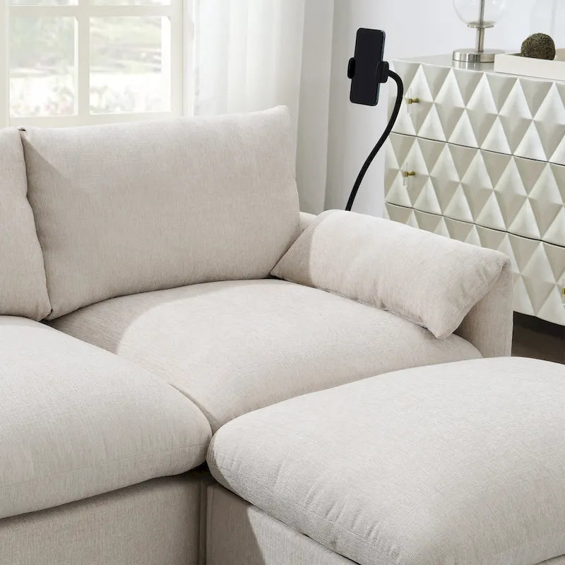 Canapé sectionnel en forme de L en chenille de 96,5 po avec pouf de rangement, support de téléphone réglable, chargeur USB et poches de rangement dans les accoudoirs