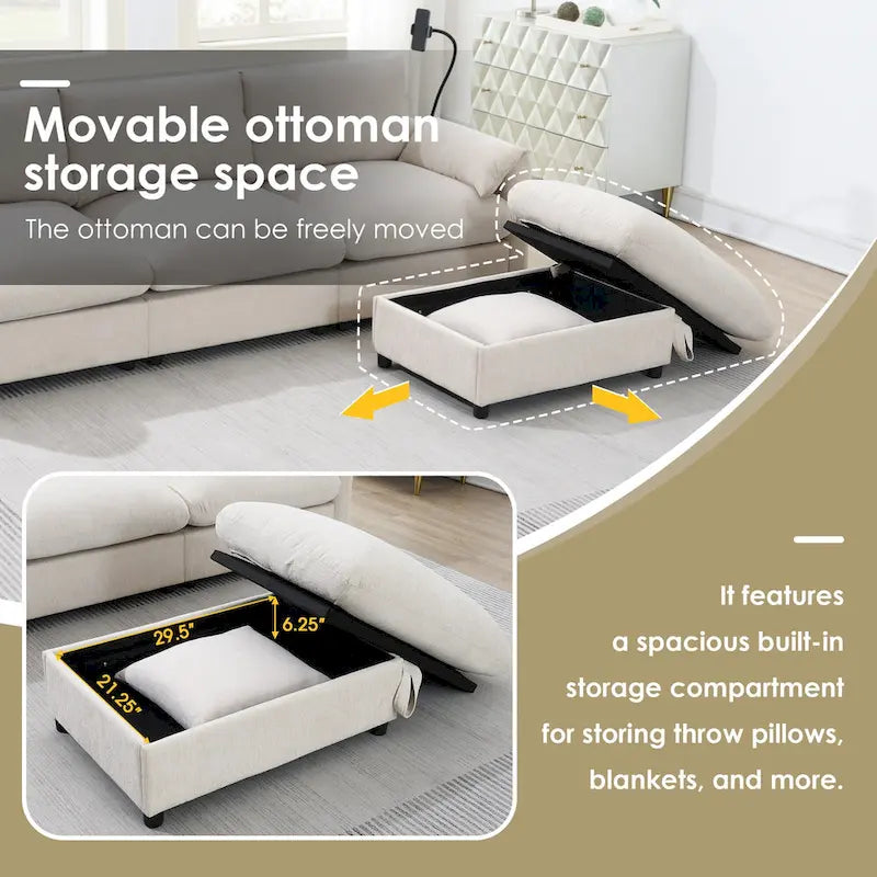 Canapé sectionnel en forme de L en chenille de 96,5 po avec pouf de rangement, support de téléphone réglable, chargeur USB et poches de rangement dans les accoudoirs