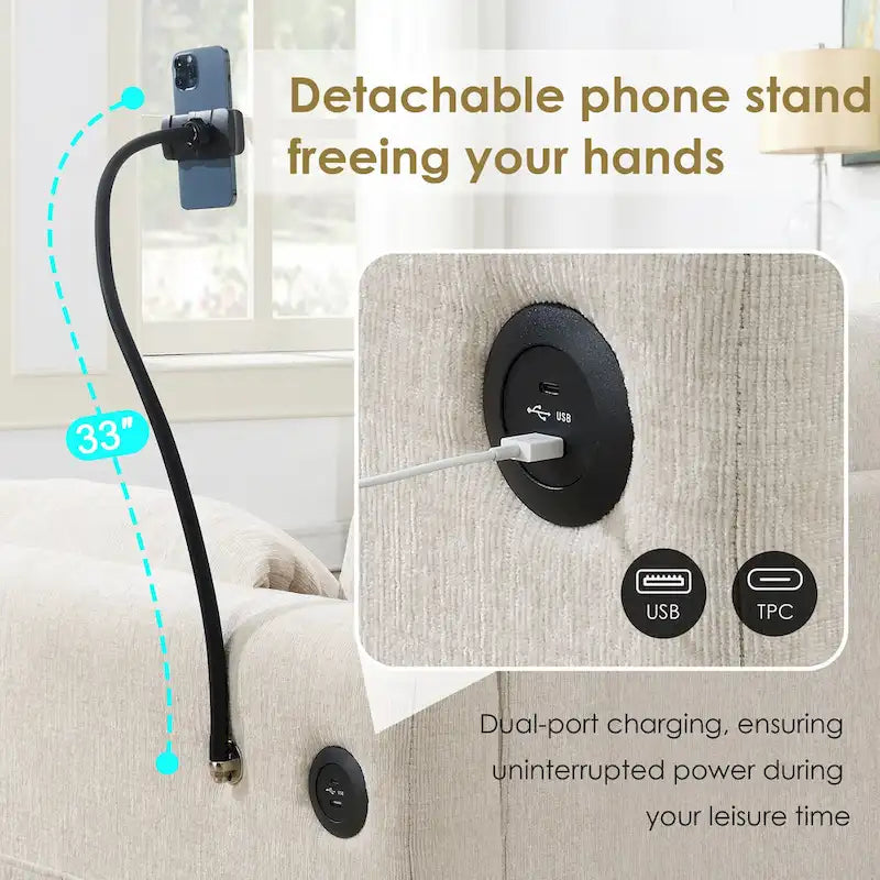 Canapé sectionnel en forme de L en chenille de 96,5 po avec pouf de rangement, support de téléphone réglable, chargeur USB et poches de rangement dans les accoudoirs