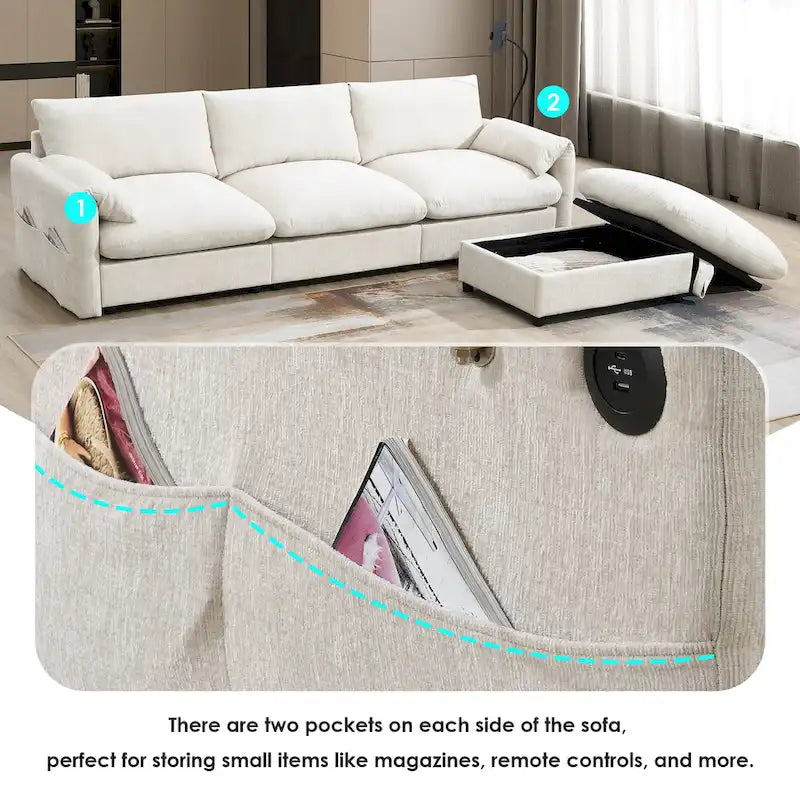Canapé sectionnel en forme de L en chenille de 96,5 po avec pouf de rangement, support de téléphone réglable, chargeur USB et poches de rangement dans les accoudoirs