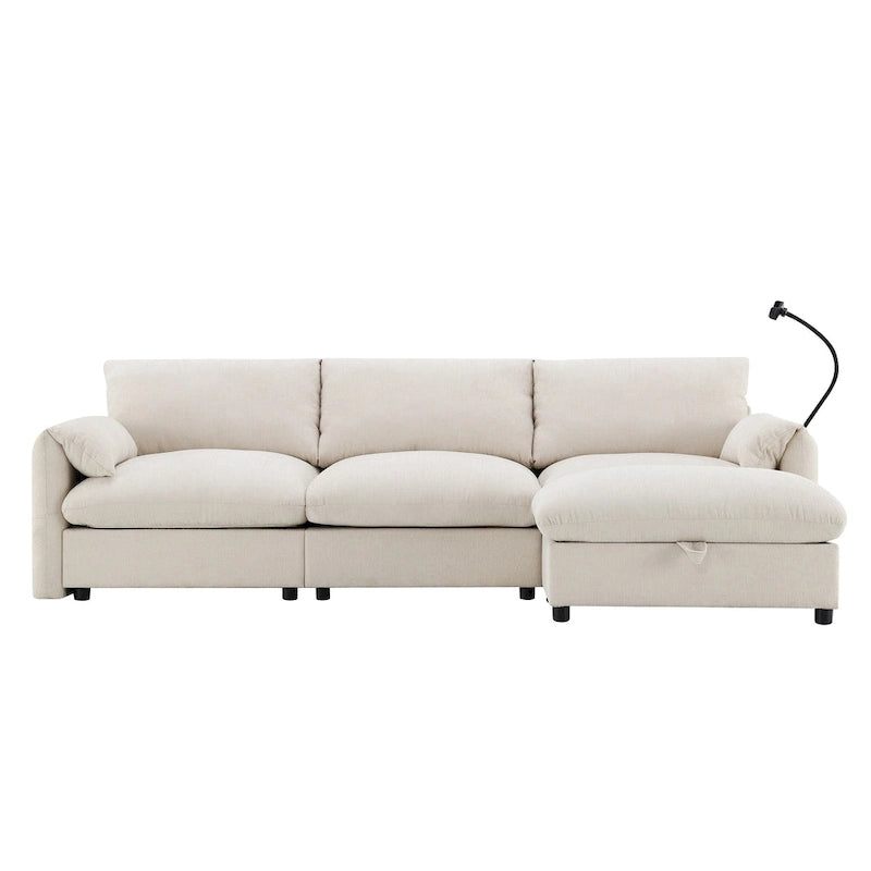 Canapé sectionnel en forme de L en chenille de 96,5 po avec pouf de rangement, support de téléphone réglable, chargeur USB et poches de rangement dans les accoudoirs