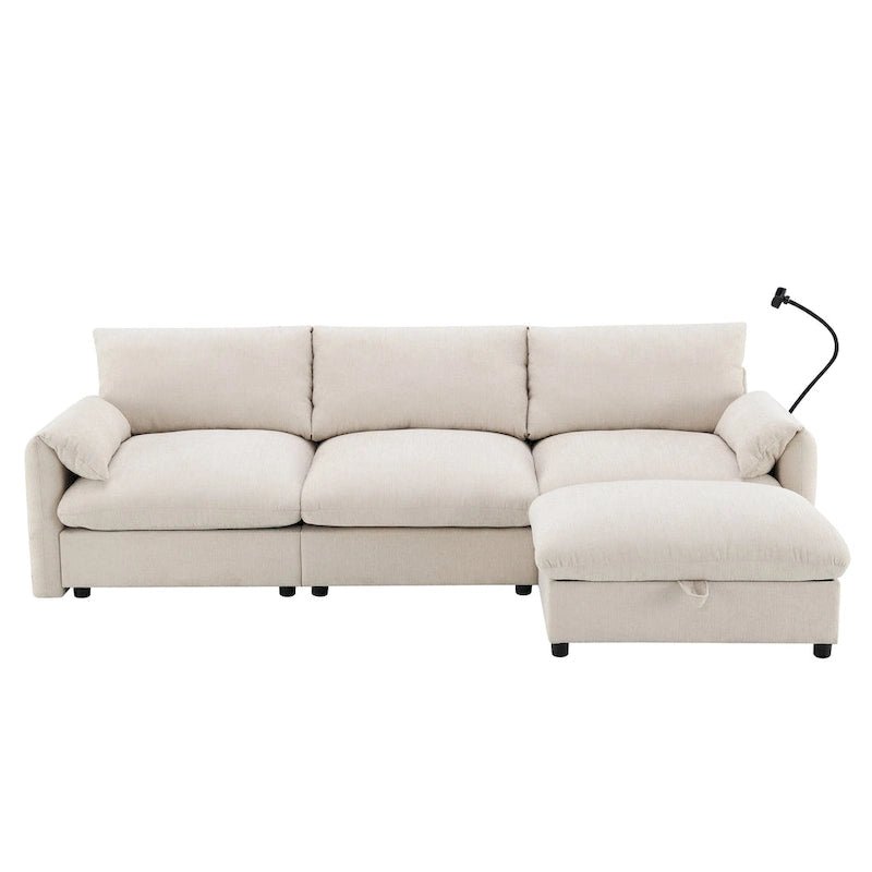 Canapé sectionnel en forme de L en chenille de 96,5 po avec pouf de rangement, support de téléphone réglable, chargeur USB et poches de rangement dans les accoudoirs