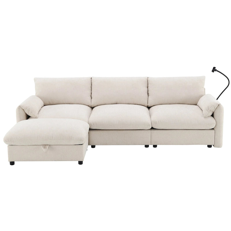 Canapé sectionnel en forme de L en chenille de 96,5 po avec pouf de rangement, support de téléphone réglable, chargeur USB et poches de rangement dans les accoudoirs