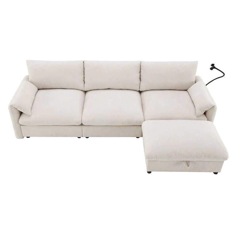 Canapé sectionnel en forme de L en chenille de 96,5 po avec pouf de rangement, support de téléphone réglable, chargeur USB et poches de rangement dans les accoudoirs