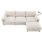 Canapé sectionnel en forme de L en chenille de 96,5 po avec pouf de rangement, support de téléphone réglable, chargeur USB et poches de rangement dans les accoudoirs