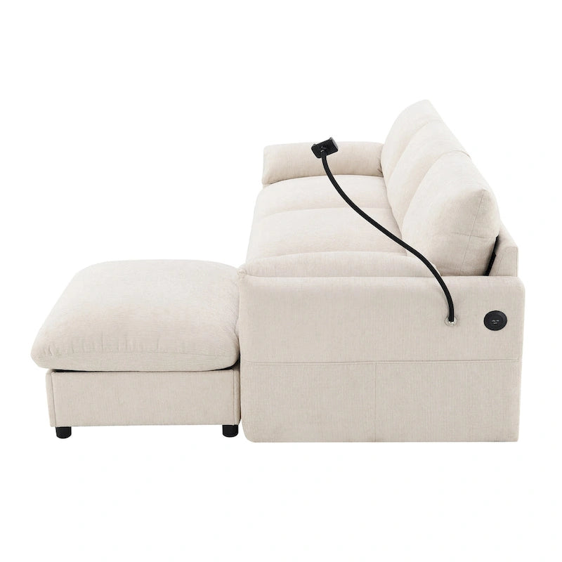 Canapé sectionnel en forme de L en chenille de 96,5 po avec pouf de rangement, support de téléphone réglable, chargeur USB et poches de rangement dans les accoudoirs