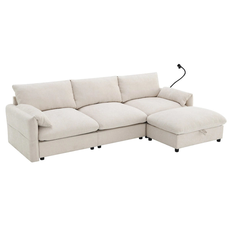 Canapé sectionnel en forme de L en chenille de 96,5 po avec pouf de rangement, support de téléphone réglable, chargeur USB et poches de rangement dans les accoudoirs