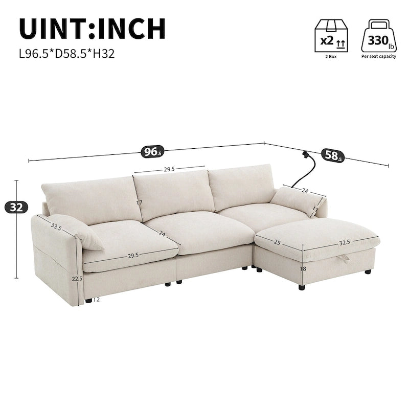 Canapé sectionnel en forme de L en chenille de 96,5 po avec pouf de rangement, support de téléphone réglable, chargeur USB et poches de rangement dans les accoudoirs