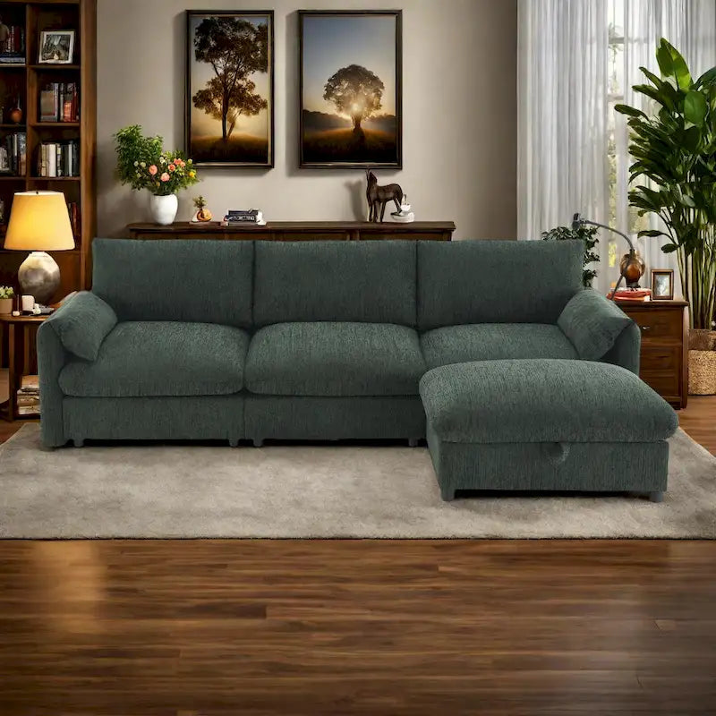 Canapé sectionnel en forme de L en chenille de 96,5 po avec pouf de rangement, support de téléphone réglable, chargeur USB et poches de rangement dans les accoudoirs