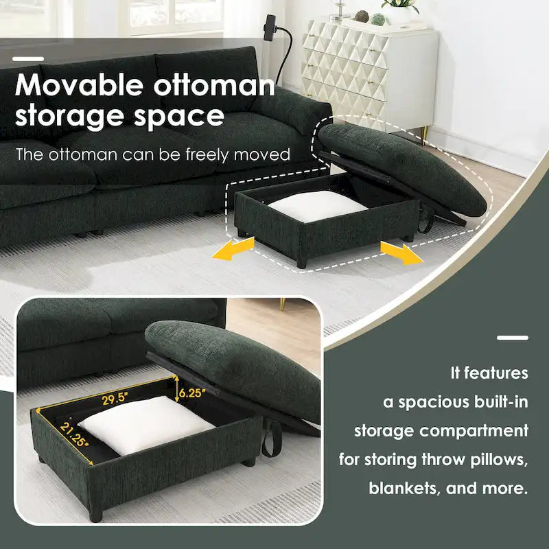 Canapé sectionnel en forme de L en chenille de 96,5 po avec pouf de rangement, support de téléphone réglable, chargeur USB et poches de rangement dans les accoudoirs
