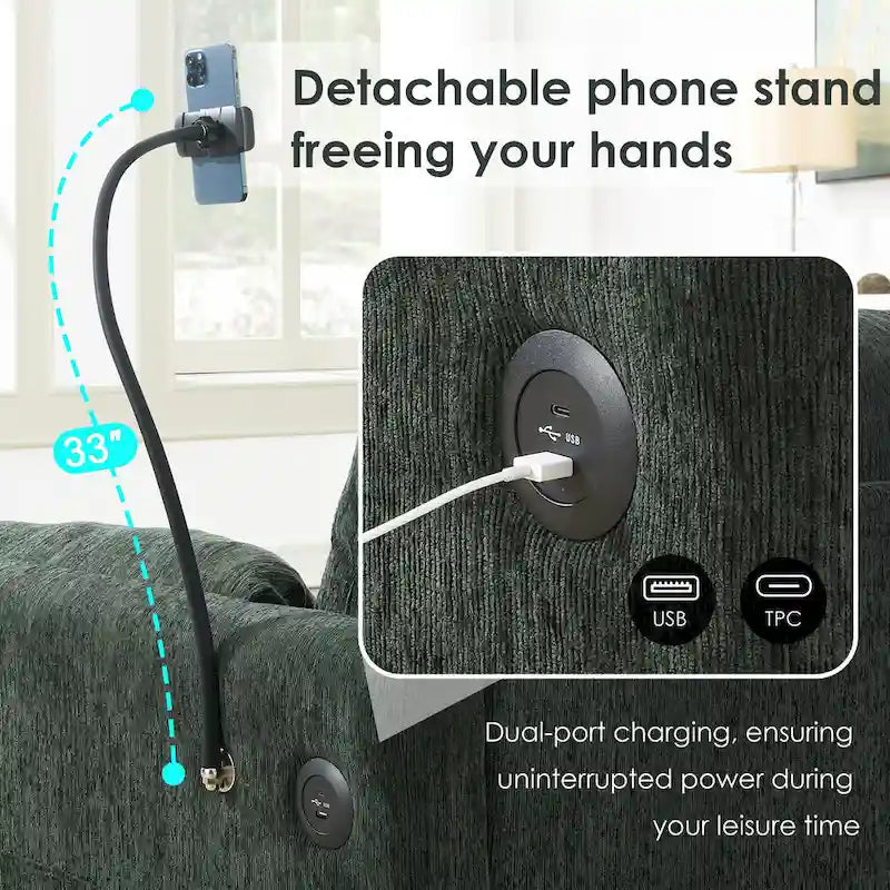 Canapé sectionnel en forme de L en chenille de 96,5 po avec pouf de rangement, support de téléphone réglable, chargeur USB et poches de rangement dans les accoudoirs