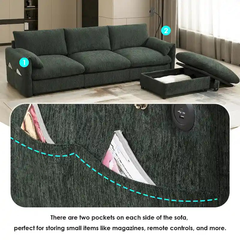 Canapé sectionnel en forme de L en chenille de 96,5 po avec pouf de rangement, support de téléphone réglable, chargeur USB et poches de rangement dans les accoudoirs