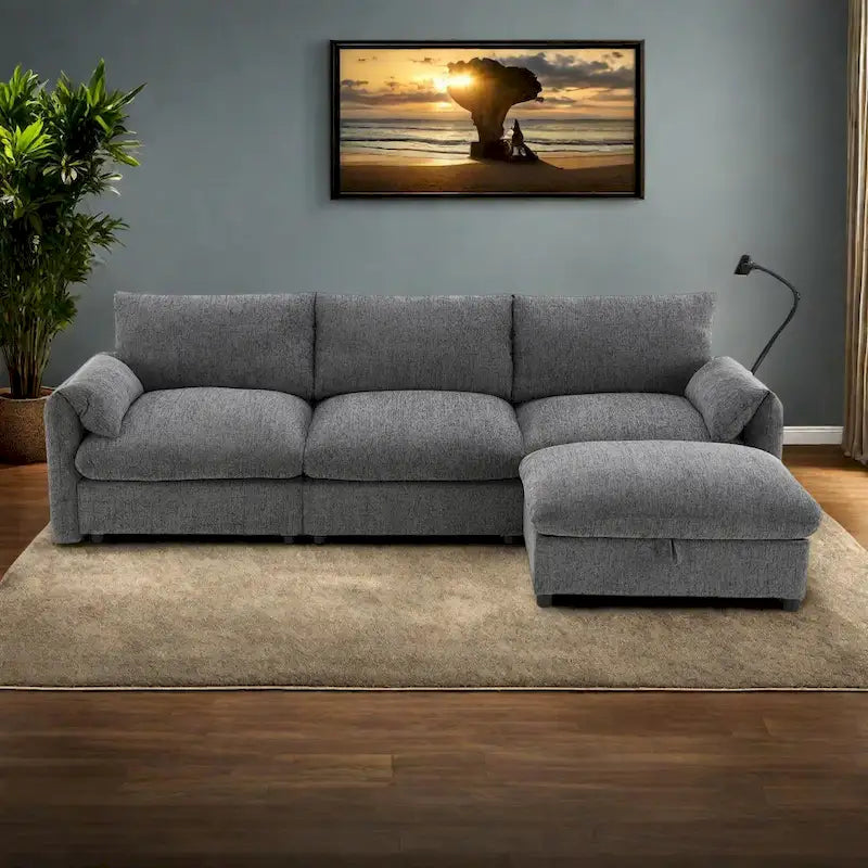 Canapé sectionnel en forme de L en chenille de 96,5 po avec pouf de rangement, support de téléphone réglable, chargeur USB et poches de rangement dans les accoudoirs