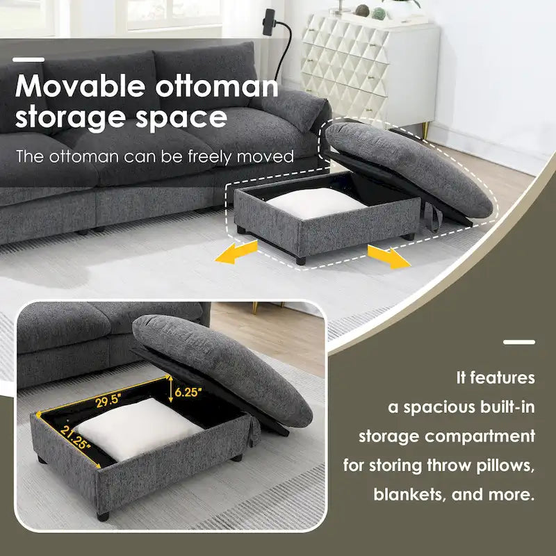 Canapé sectionnel en forme de L en chenille de 96,5 po avec pouf de rangement, support de téléphone réglable, chargeur USB et poches de rangement dans les accoudoirs