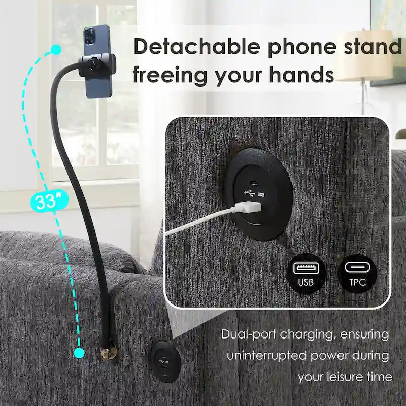 Canapé sectionnel en forme de L en chenille de 96,5 po avec pouf de rangement, support de téléphone réglable, chargeur USB et poches de rangement dans les accoudoirs
