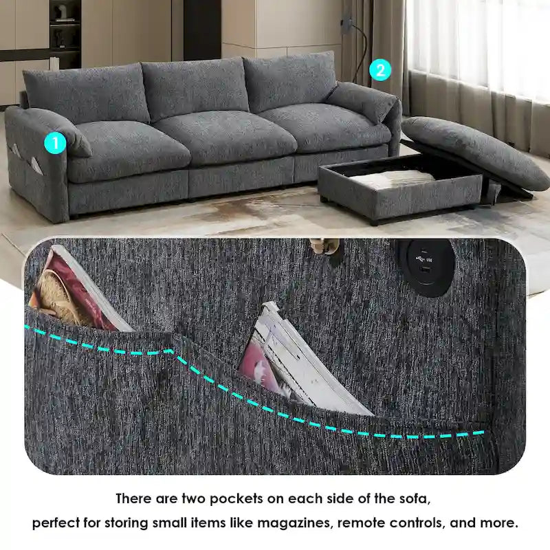 Canapé sectionnel en forme de L en chenille de 96,5 po avec pouf de rangement, support de téléphone réglable, chargeur USB et poches de rangement dans les accoudoirs