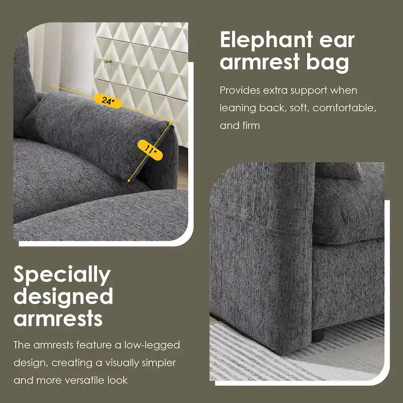 Canapé sectionnel en forme de L en chenille de 96,5 po avec pouf de rangement, support de téléphone réglable, chargeur USB et poches de rangement dans les accoudoirs