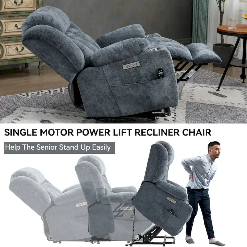 Blue Chenille Upholstered Power Lift Recliner with 8-Point Vibration Massage, Lumbar Heating, USB & Type-C Ports, Cup Holders