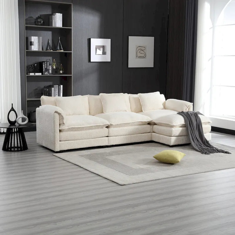 Beige 112.2 L-Shape 4-Seater Sectional Sofa in Modern Boucle Fabric with Removable Cushions and Detachable Armrests