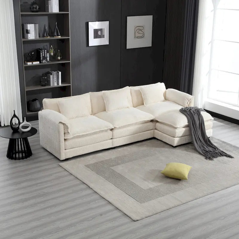 Beige 112.2 L-Shape 4-Seater Sectional Sofa in Modern Boucle Fabric with Removable Cushions and Detachable Armrests